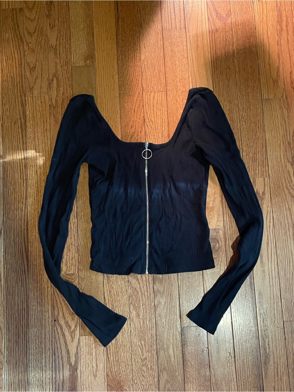 Hollister Black Ribbed Long-Sleeve Zip-Front Top